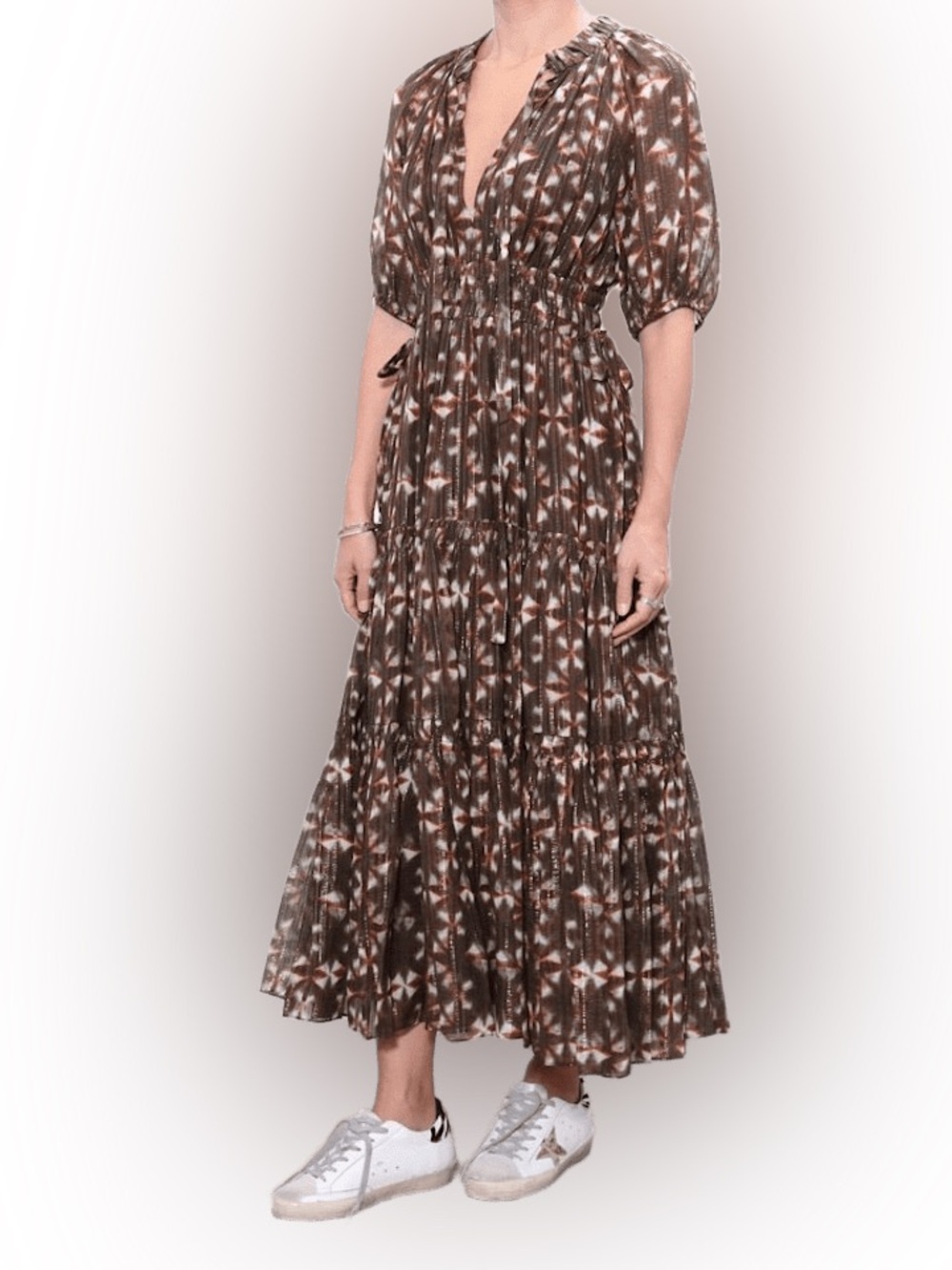 Ulla Johnson Tunis Midi Dress 100% Silk Olive Prism Metallic Puff Sleeve Size 4 - Picture 2 of 16